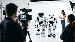 You are a video set director capturing the perfect image of a production set and team shooting a scene with robots and people interacting in an office setting The team shooting consists of four people two cameramen a director and a production assista-2